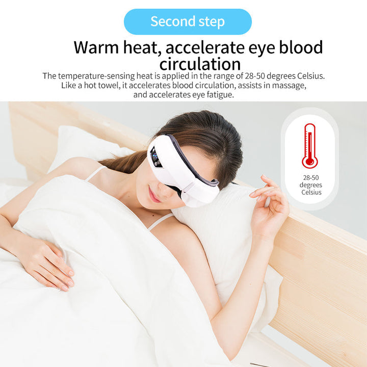 Compact portable eye massager for stress relief, with soothing warm compress and air pressure.