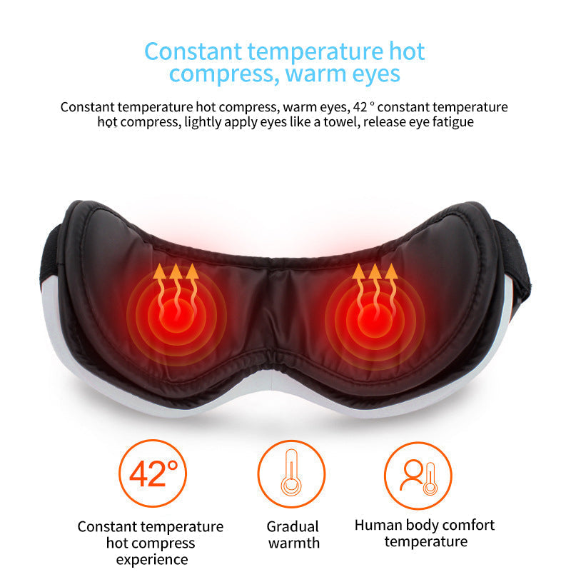 Eye care device for stress relief and relaxation, with targeted air pressure and warm compress.