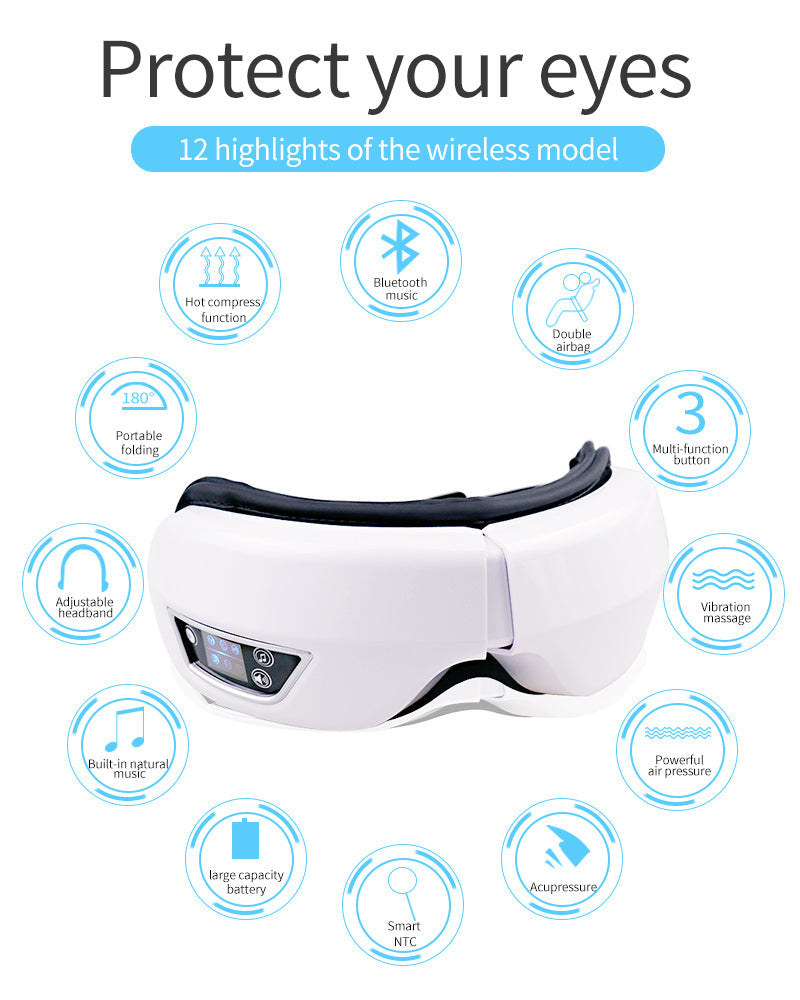 Relieve eye strain with this portable Bluetooth eye massager, warm compress & air pressure features.