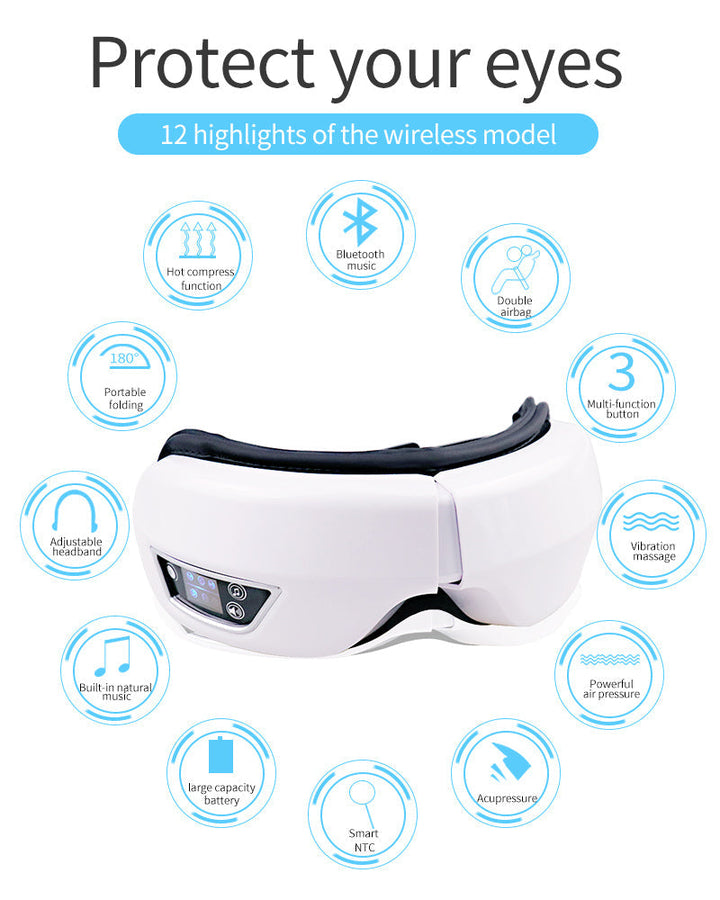 Relieve eye strain with this portable Bluetooth eye massager, warm compress & air pressure features.