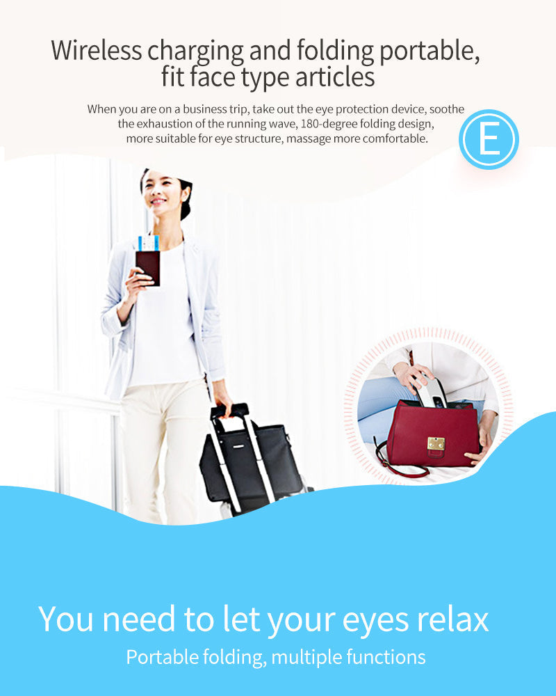 Unisex Bluetooth eye massager, sleek black design, shown folded for portability & easy storage.