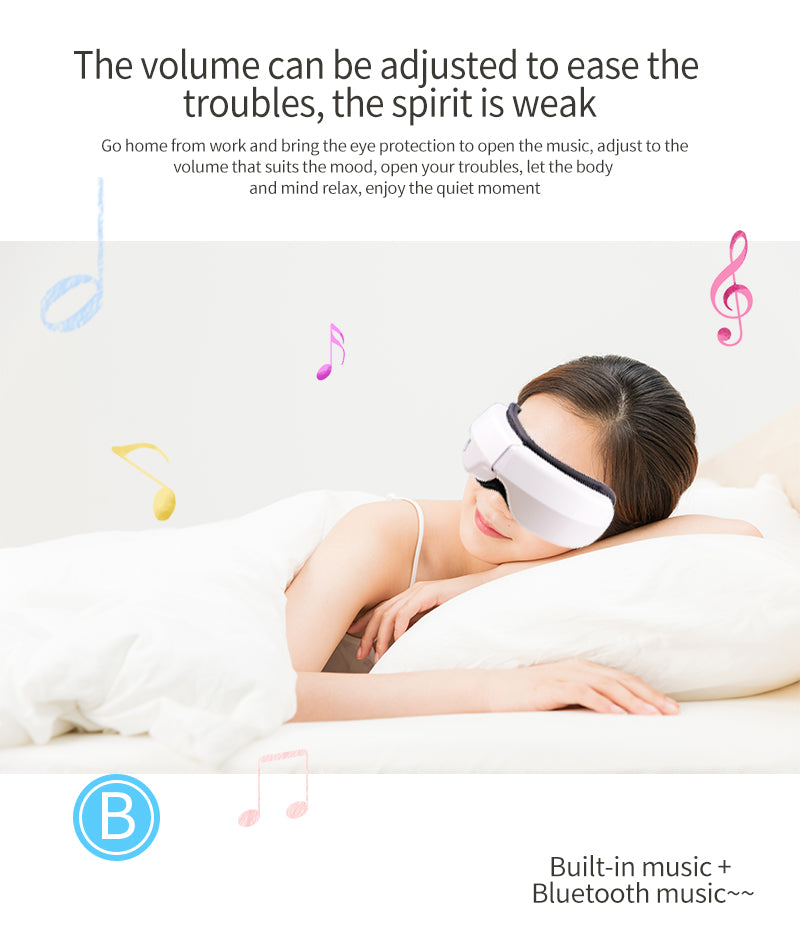Eye massager in use, demonstrating the calming effects of warm compress and air pressure.