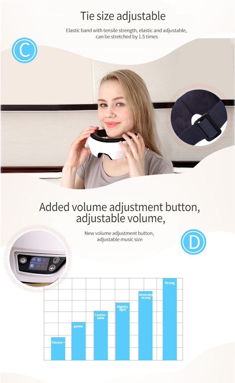 Close-up of the Bluetooth eye massager's intuitive controls for warm compress and vibration settings.