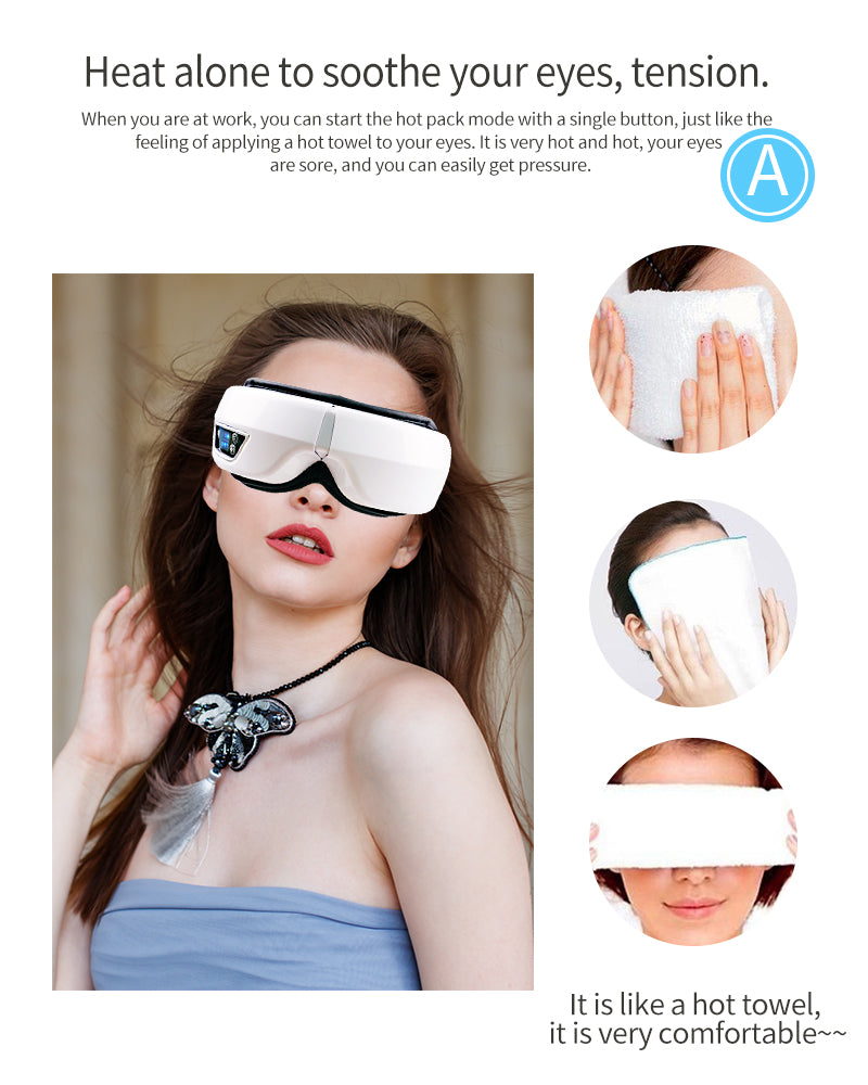 Side view of the portable eye massager, highlighting its ergonomic design & USB-C recharge port.