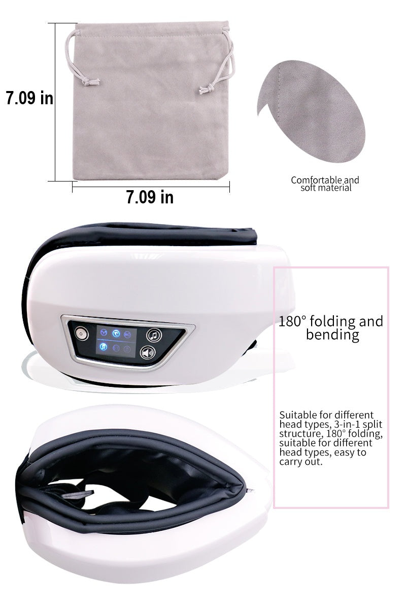 Multi-functional eye massager: air pressure, vibration, warm compress & Bluetooth for complete eye care.