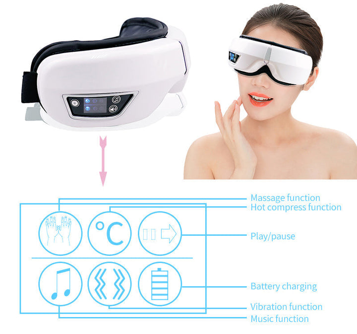 Soothing eye massager for stress relief, with gentle vibration, heat, and air pressure.