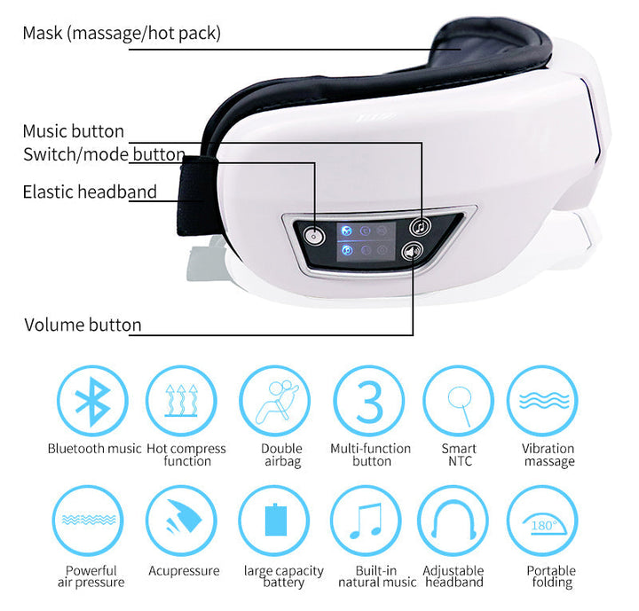 Ergonomic eye massager with Bluetooth, air pressure, warm compress, and vibration modes.