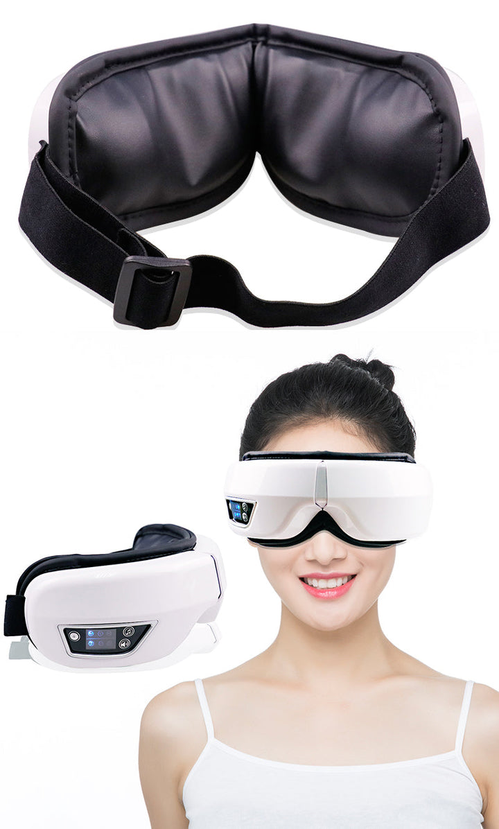 Modern unisex eye massager, rechargeable, with air pressure, warm compress, & music playback.
