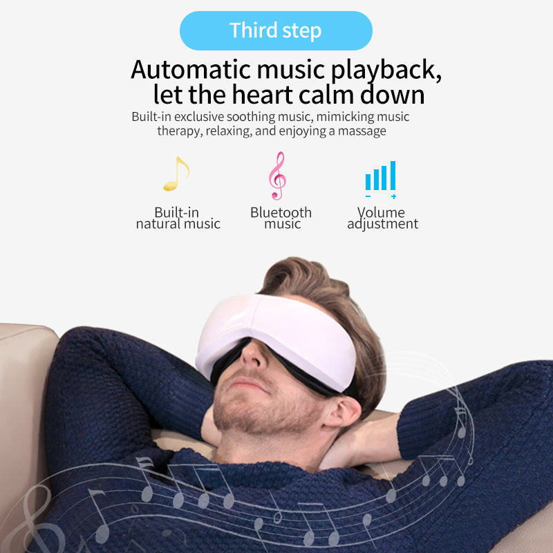 Luxury eye massager: warm compress, air pressure, vibration, Bluetooth for ultimate eye care.