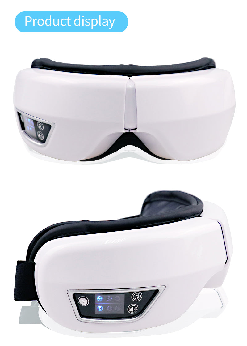 Wireless Bluetooth eye massager for relaxation, featuring air pressure, heat, and massage.