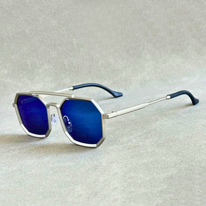 Fashionable unisex sunglasses, bold angular design, lightweight alloy frame, double bridge for modern style.