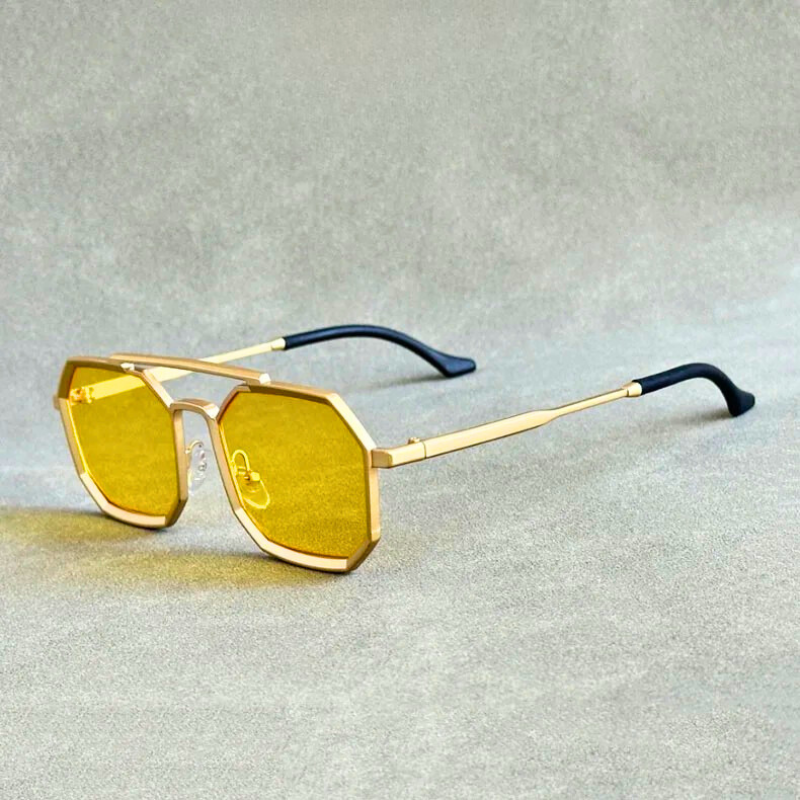 Stylish unisex eyewear, bold angular double-bridge sunglasses, offering UV400 protection & a fashion accessory.