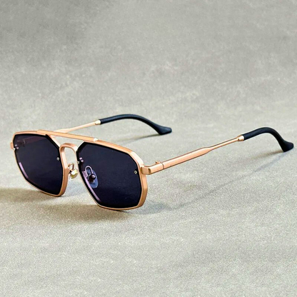 Angular double-bridge sunglasses for unisex wear. Bold style, lightweight alloy frame, essential UV400 eye protection.