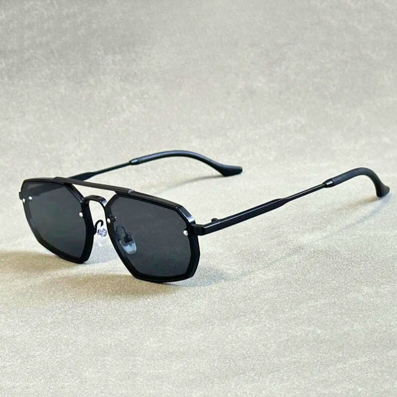 Modern unisex bold sunglasses with an angular double-bridge & alloy frame. Provides UV400 eye protection & style.