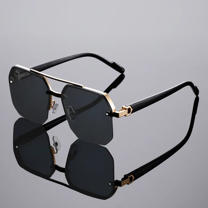 Bold geometric rimless sunglasses for men & women, featuring gradient lenses and UV protection.