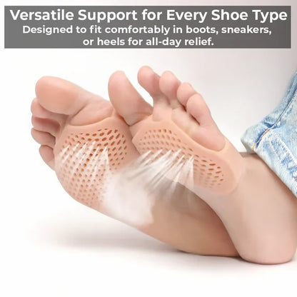 Unisex reusable gel metatarsal pads for forefoot pain relief, cushioning, & comfort in most shoes.