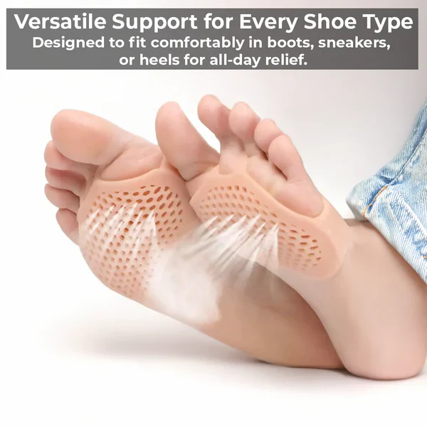 Gel metatarsal pads providing forefoot support & pain relief. Unisex, breathable inserts for enhanced foot comfort in shoes.