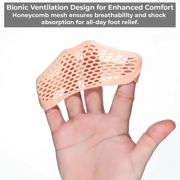 Pair of unisex breathable gel metatarsal pads for forefoot comfort. Reusable shoe inserts offer pain relief & cushioning.