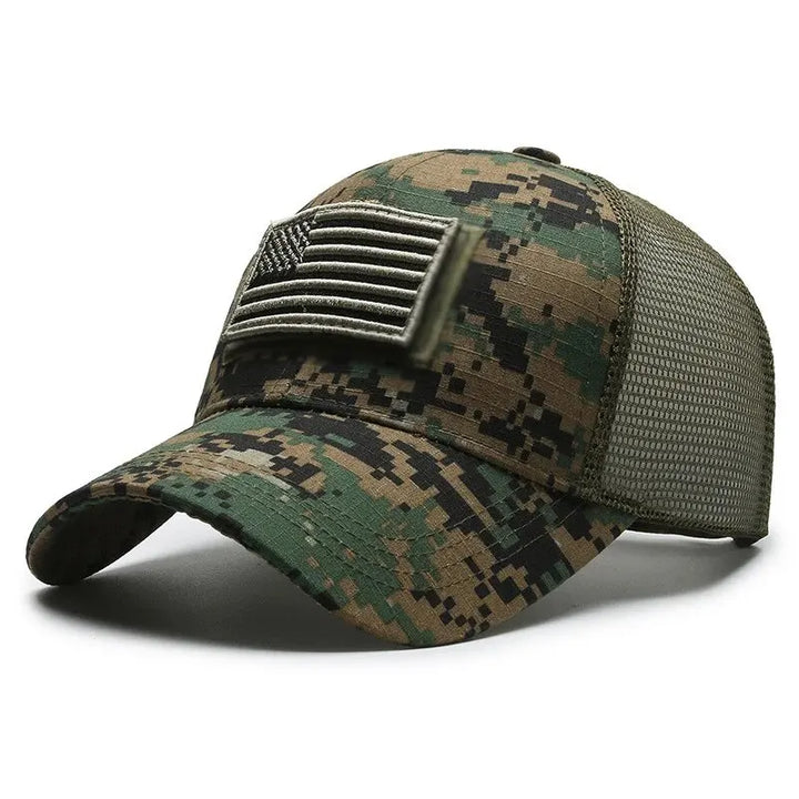 Front view of black breathable mesh hat, perfect unisex baseball cap for all-season wear.