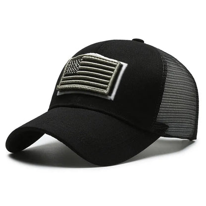 Close-up of the breathable mesh fabric on a unisex black baseball cap, ideal for summer.