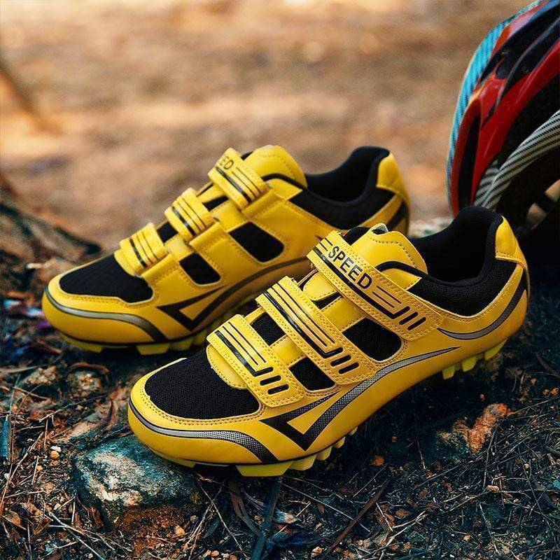 Close-up of the mesh upper on unisex breathable mountain biking shoes, showcasing ventilation