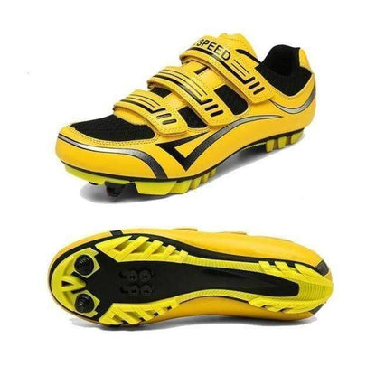 Pair of unisex cycling shoes, black and white, suitable for both road and mountain biking