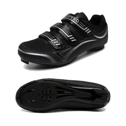 Unisex road cycling shoes, lightweight and breathable, sitting on a wooden floor