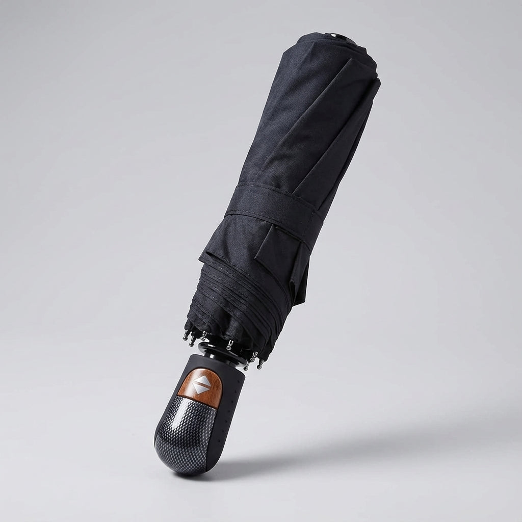 Windproof & waterproof BrollyMax auto-open travel umbrella in use, protecting from rain. Essential rain gear.