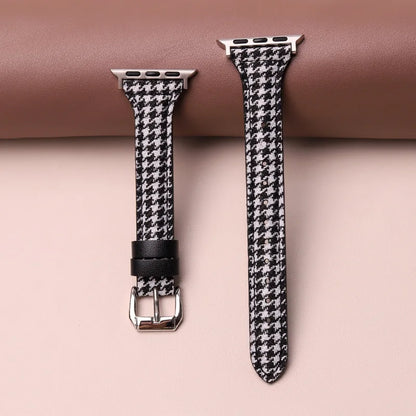 Secure fit houndstooth smartwatch band. Stylish black & brown pattern, adjustable strap, unisex design.