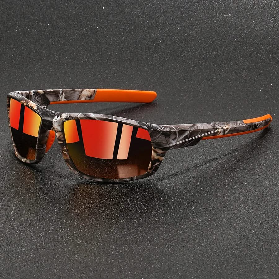 Unisex camo sport sunglasses with polarized UV protection for glare reduction and outdoor adventures.