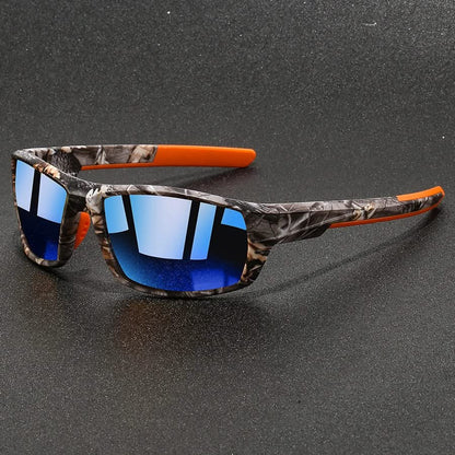 Polarized camo sport sunglasses, unisex design, offering full UV protection for cycling and hiking.