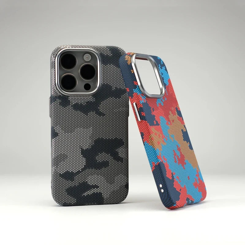 Unisex camouflage iPhone case with rugged protection and tactical style. MagSafe compatible, slim design.