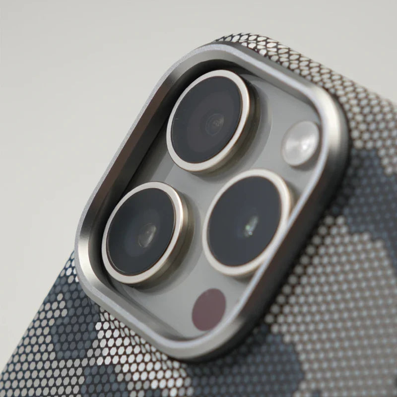 Stylish tactical camouflage iPhone case offering rugged protection & MagSafe compatibility.