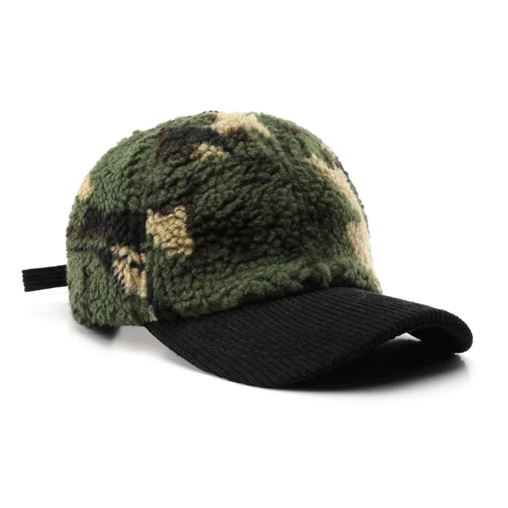 Unisex camouflage plush fleece hat, warm winter accessory for cold weather.