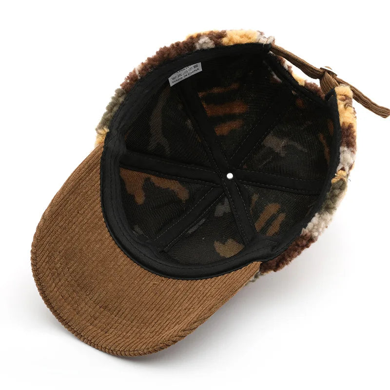 Comfortable side view of a unisex camouflage plush fleece winter hat, a cozy accessory.