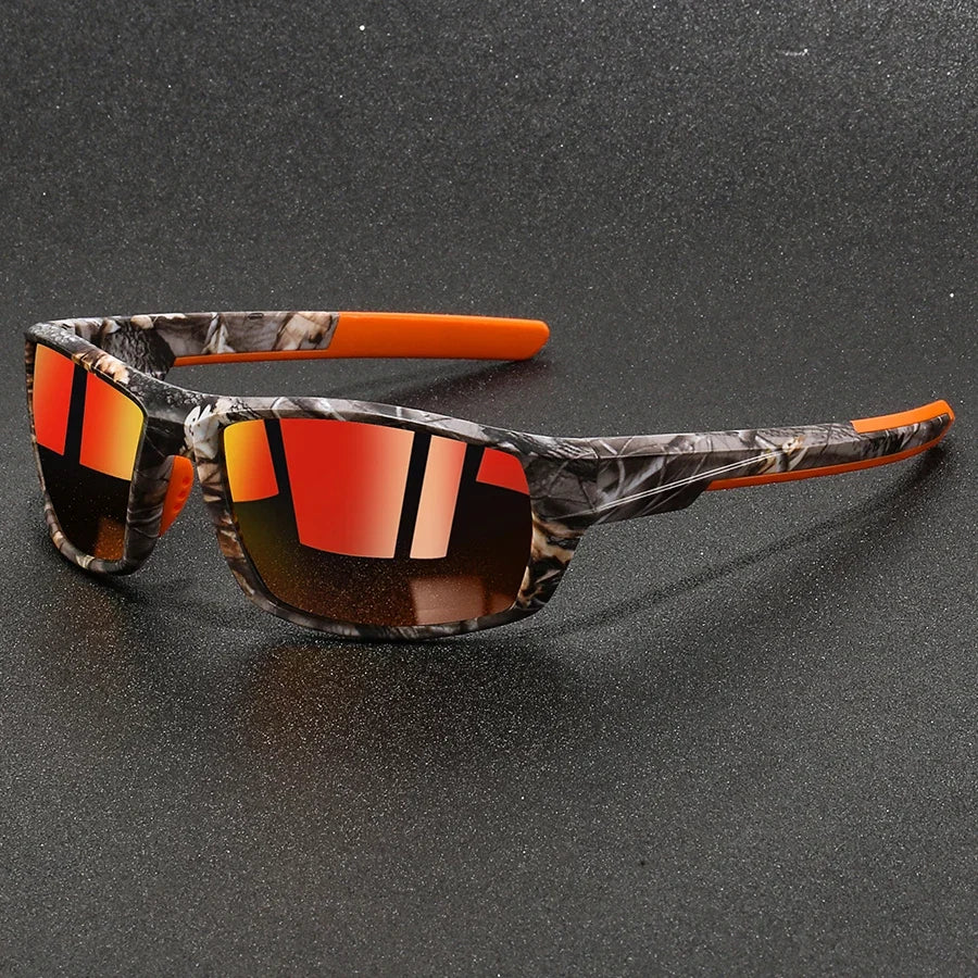 Unisex camouflage polarized sunglasses with UV protection. Ideal for outdoor adventures & sports eyewear.