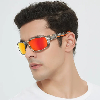 Close-up of unisex camouflage polarized outdoor sunglasses, highlighting durable frame & mirror anti-glare lenses.