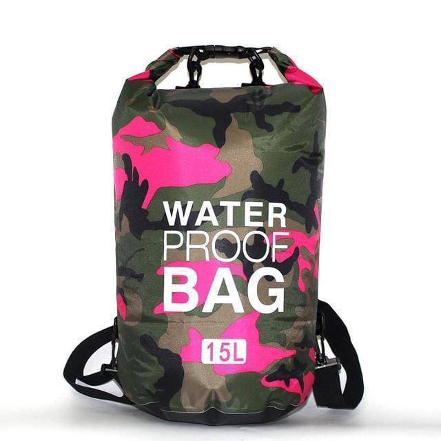 Close-up of the buckle closure system on the camouflage dry bag backpack, ensuring waterproof seal.
