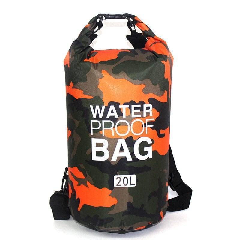 Waterproof 30L camouflage dry bag backpack with roll-top closure for camping and travel.
