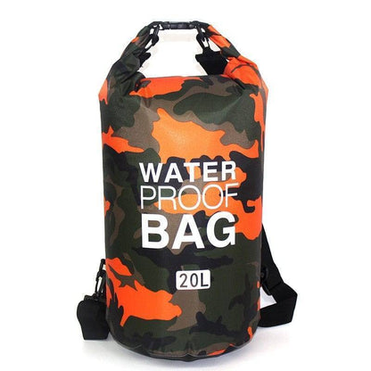 Waterproof 30L camouflage dry bag backpack with roll-top closure for camping and travel.
