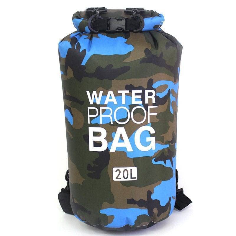 Detail of the durable PVC material on a camouflage waterproof dry bag backpack, outdoor gear.