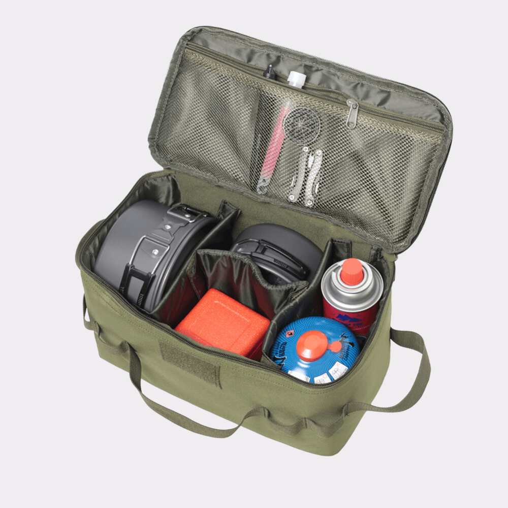Tactical travel organizer bag with handles for camping cooking gear, excellent outdoor storage.