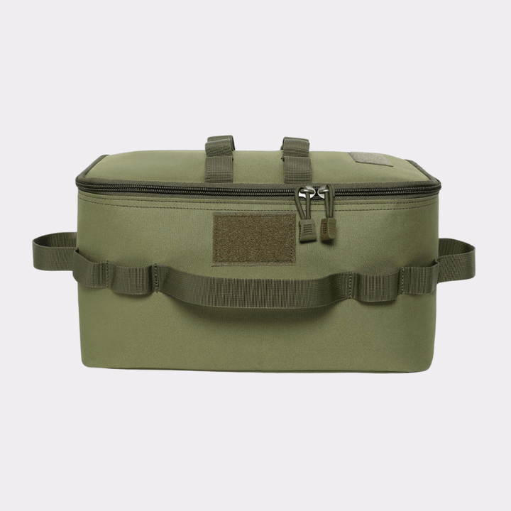 Outdoor storage bag for camping cooking equipment, travel-friendly and tactical, with strong handles.