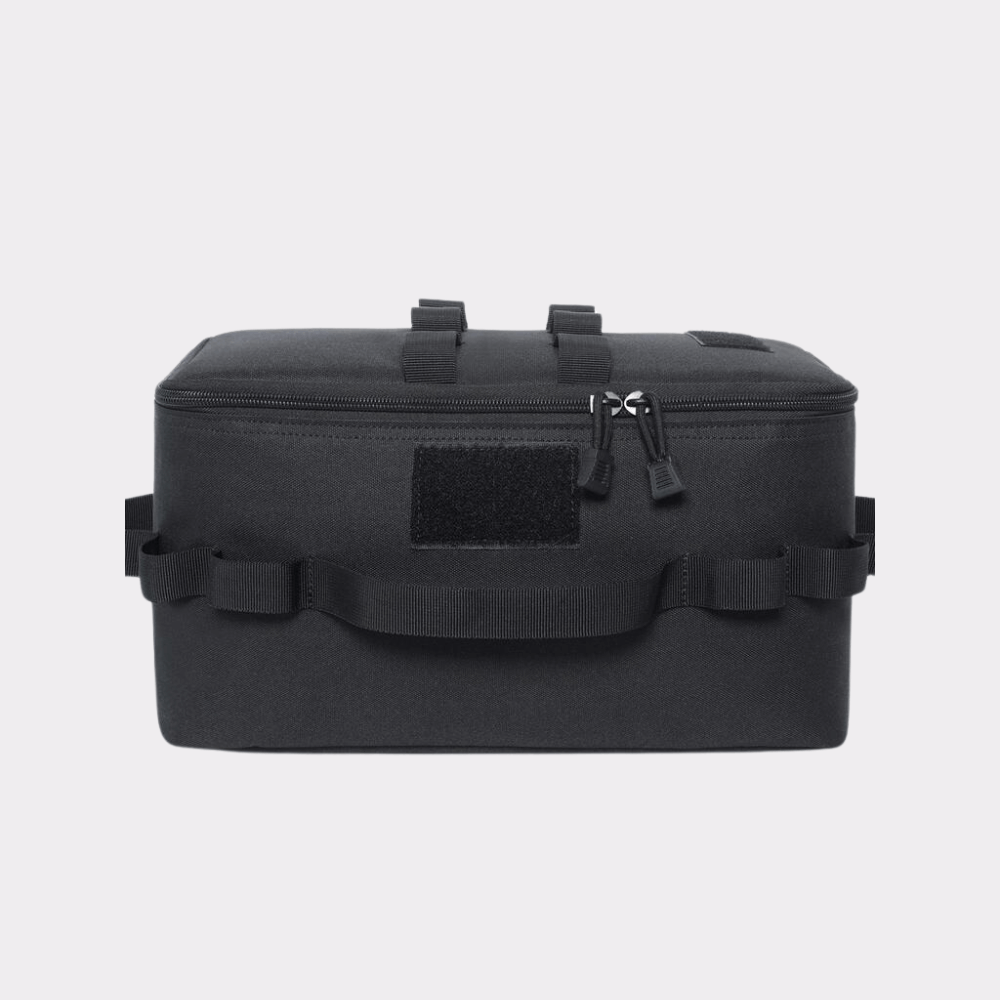 Portable camp kitchen storage bag with handles, unisex design for organized and easy transport of cooking gear.