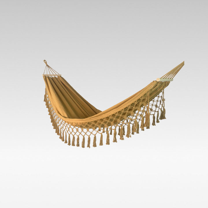 Unisex canvas hammock with wooden posts & anti-rollover design, perfect for outdoor camping & relaxation