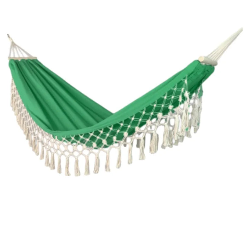 Durable canvas hammock with wooden posts, offering a safe anti-rollover design for camping & garden swing