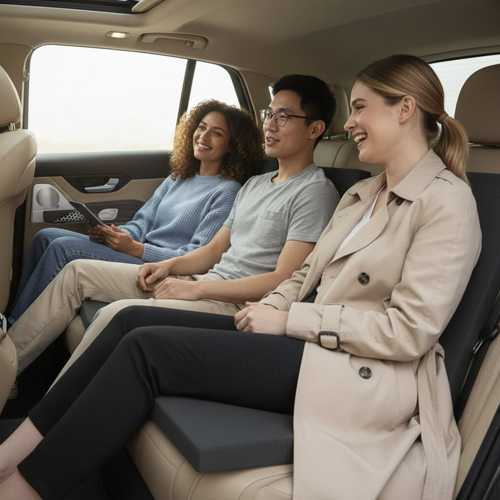 Comfort car seat booster cushion with memory foam for lumbar support, improved posture, & long-drive relief.