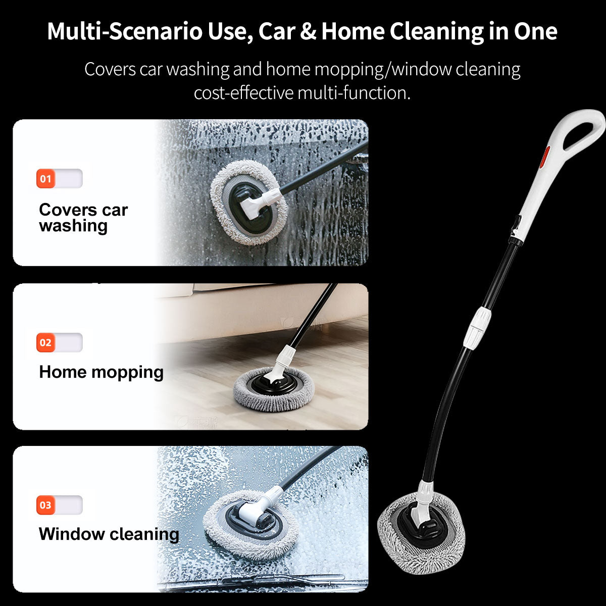 Ergonomic car wash mop kit with long handle, chenille microfiber for thorough and safe vehicle care.