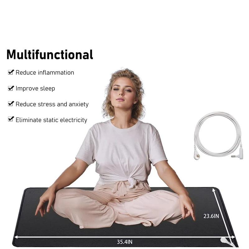 Grounding mat earthing pad for sleep aid, reducing stress and boosting energy with natural health focus.