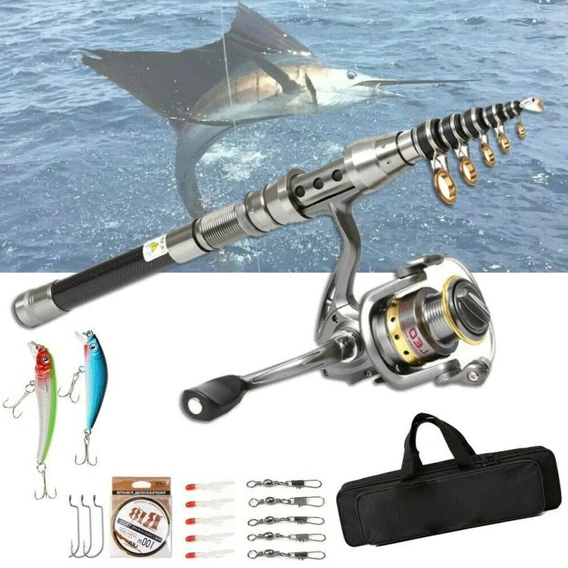 Unisex carbon fiber telescopic fishing rod & reel combo kit for saltwater and freshwater angling, portable design.